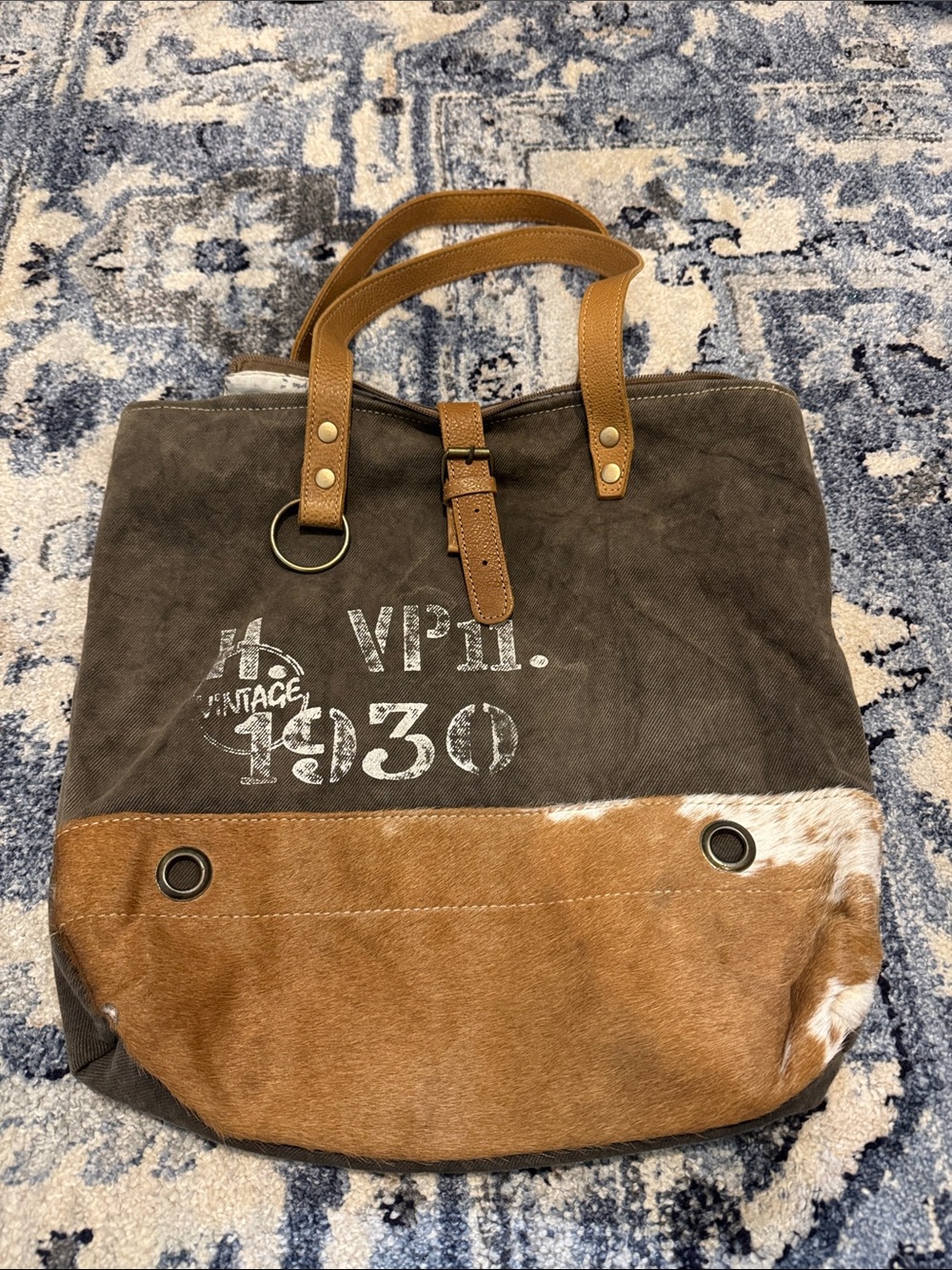 Myra Bag Brown Canvas & Tan Hair-on Leather Tote